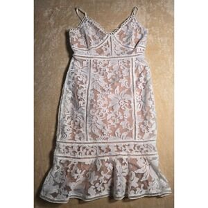 Lulus White Lace Midi Dress Nude Lining Flounce Hem Bridal Cocktail Size L  851